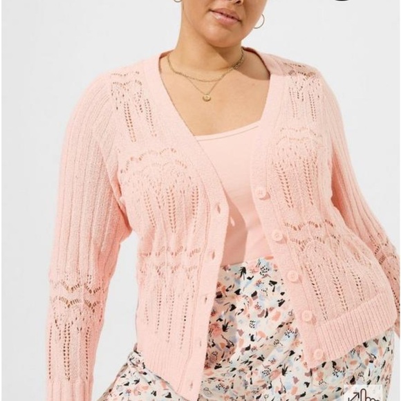 Torrid Pointelle Cardigan V-Neck Sweater blush/tan 1X - Picture 1 of 5